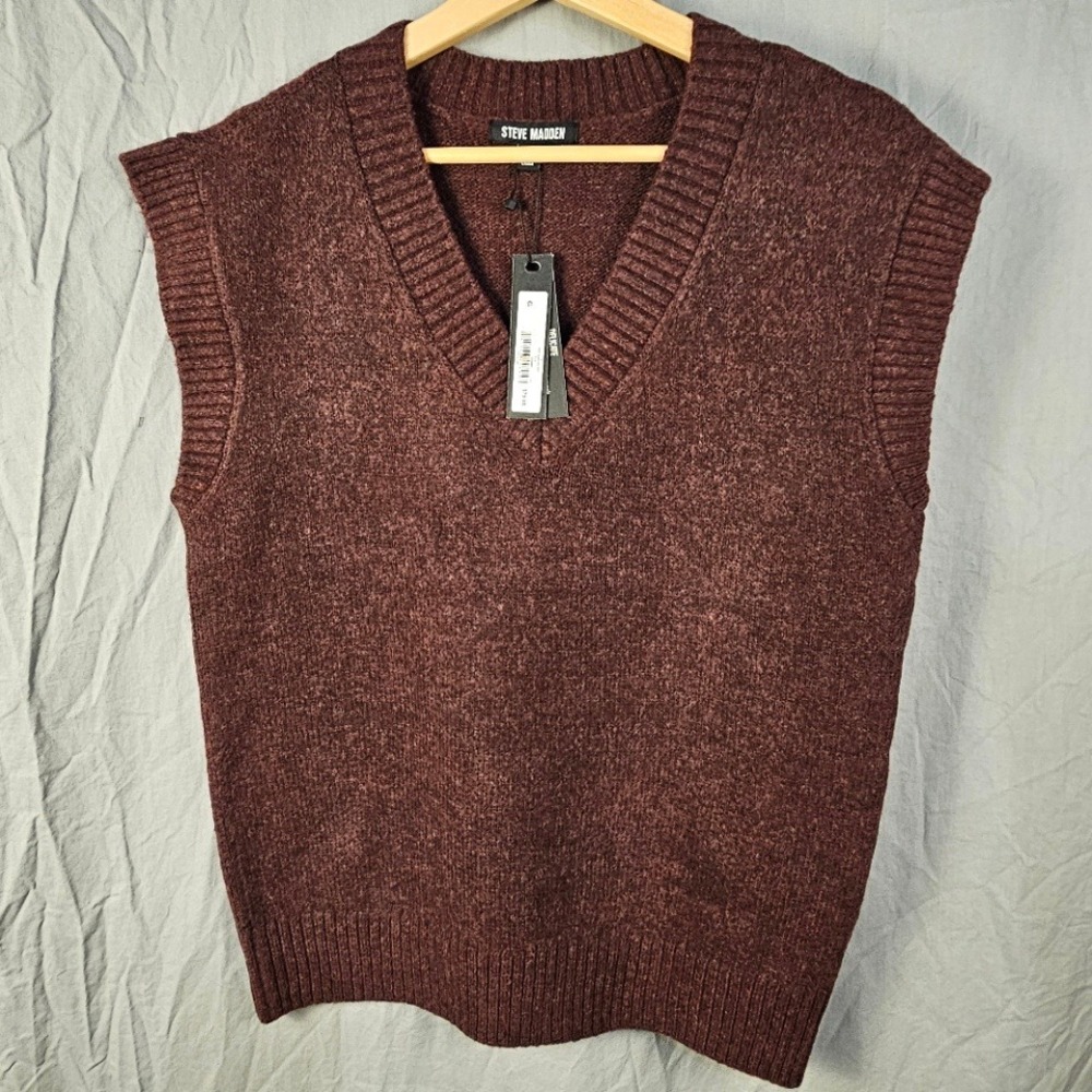 Steve Madden Remy Sweater Vest Wine Marled V-Neck Knit BP306895 Womens S